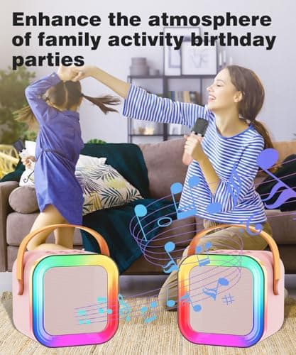 Mini Karaoke Machine Speaker for Kids Adults,Portable Bluetooth with 1-2 Wireless Microphones,Christmas Birthday Gifts Toys Girls Boys Ages 4, 5, 6,7, 8,9,10,11,12+ Years Old Toddler (Pink - 2 Mic) - Thumbnail 6