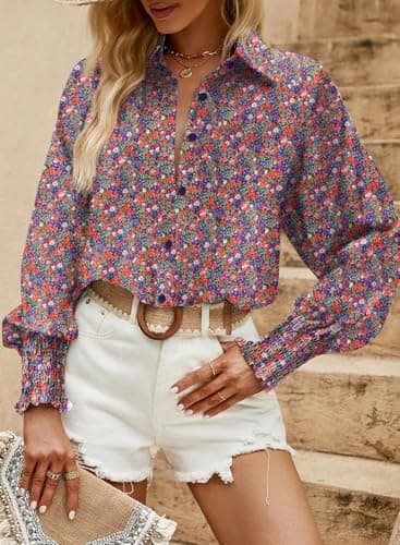 Dokotoo Womens Long Sleeve Tops for Women Work Business Button Down Ladies Blouses and Tops Loose Fit Dressy Allover Floral Print V Neck Office Boho Tunic Top 2026 Trendy Fall Outfits Purple Large - Thumbnail 4