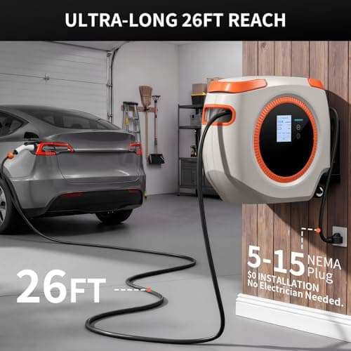 Saunyoto Auto-Retractable Level 1 J1772 EV Charger, NEMA 5-15 Plug (110V 16A), 26FT Ultra-Long Cable, Smart App & Button Control, Portable Wall-Mount Charging Station for J1772 EVs (Grey) - Thumbnail 2