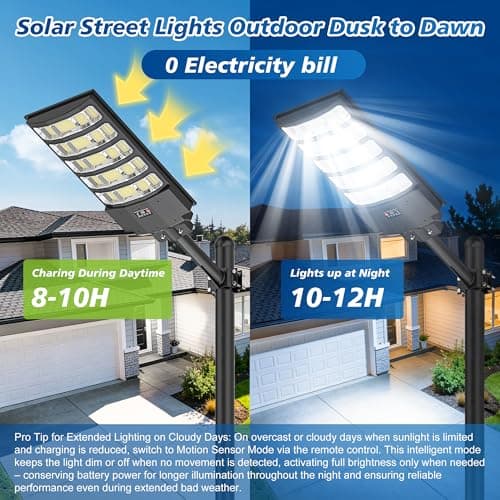 AsWonist 10000W Solar Street Lights Outdoor - 6500K Solar Lights Outdoor IP66 Waterproof, Solar Street Light Dusk to Dawn, Solar Flood Lights Outdoor Motion Sensor with Remote Control for Yard, Garage - Thumbnail 4