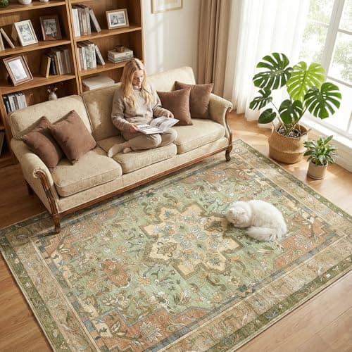 Cnythlis Vintage Area Rug, 6'x9' Washable Rugs, Stain Resistant Anti Slip Backing, Low Pile Farmhouse Indoor Carpet for High Traffic Areas, Sage Green Brown - Thumbnail 2