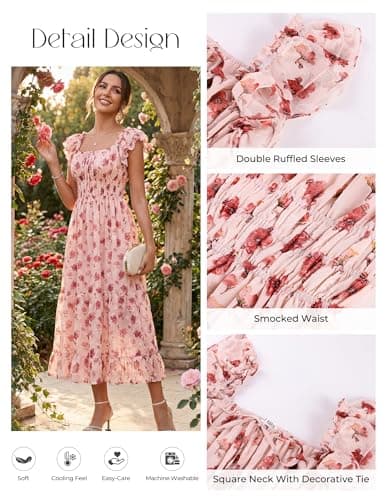 GRACE KARIN 2026 Women's Spring Floral Midi Dress Beach Wedding Guest Dresses Flowy A Line Casual Summer Clothes Pink Rose 2XL - Thumbnail 2