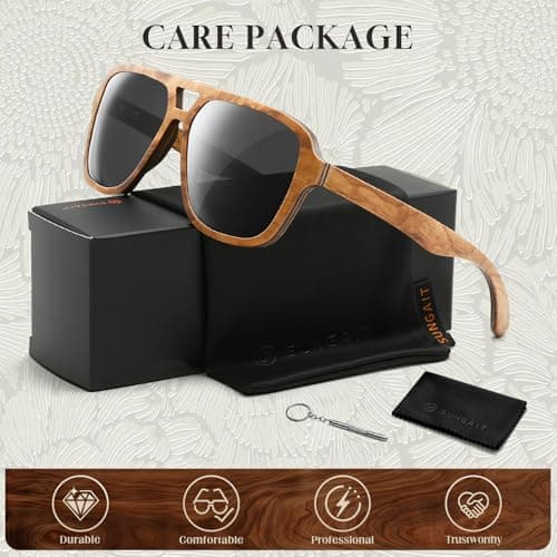 SUNAIT Light Burl/Black Oak/Zebra & Ebony/Maple Wood Sunglasses Classic Square Aviator for Men & Women HD Polarized Lens (Zebra Wood Frame/Grey Lens) - Thumbnail 6
