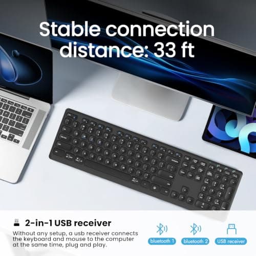 CITLLA Wireless Bluetooth Keyboard, Support Multi Device Switching, Full Size, Scissor-Switch Keys Silent Design for Computer, Laptop, MacBook and iPad - Thumbnail 2
