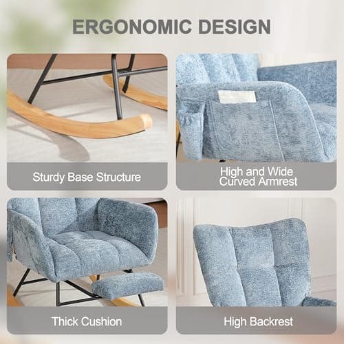 Chistronger Rocking Chair Nursery with Airbag, Comfy Modern Nursery Rocking Reading Chair Indoor with Footrest, Cozy Upholstered Glider Rocker Chairs for Living Room Bedroom Offices(Chenille, Blue) - Thumbnail 5