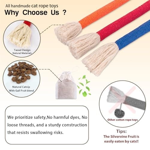 Retro Shaw Cat Chew Toys, 3-Pack Durable Rope Toys with Refillable Organic Catnip, Safe Dental Cleaning Interactive Toy for Indoor Cats & Kittens, 23.6 Inches - Thumbnail 3