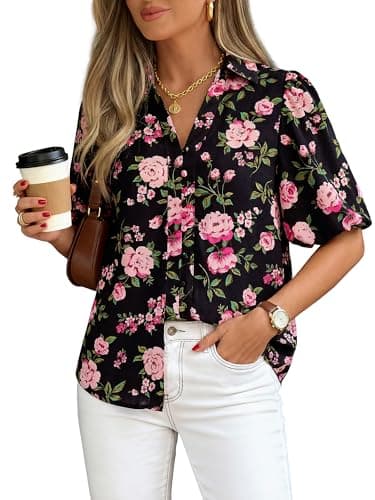 BTFBM Womens Tops Summer Button Down Shirts Casual Short Sleeve V Neck Floral Boho Business Blouses Vacation Outfits(Floral Black Pink,XX-Large) - Image 1