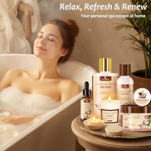 Bath and Body Gift Basket Set for Women - Coconut Vanilla Spa Gift Basket - Premium 21‑Piece Luxury Bath & Body Gift Set for Self Care - Gift ready for Valentines Birthday Gifts - Thumbnail 3