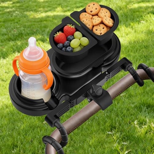 JACZZO Universal Stroller Snack Tray with 3 Detachable Silicone Bowls, Anti-Slip Silicone Grips & Cup Holder, Stroller Attachment for Nuna, Uppababy, Travel Essentials for Baby, Stroller Accessories