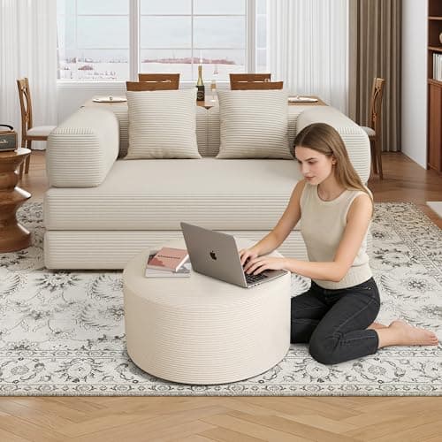 BSHOMGI Coffee Table 32”Ottoman for Couch Plush Corduroy Memory Foam Footstool Cloud Boneless Sectional for Living Room Round Side Table Cushiong No Assembly Makeup Desk (Beige, 32") - Image 1