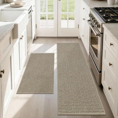 JSEI Kitchen Rugs and Mats, 2PCS Non-Slip Kitchen Mats for Floor, Machine Washable Absorbent and Stain Resistant Kitchen Runner, Carpet Mats with TPR Backing, 17''x30''+17''x48'', Beige - Image 1
