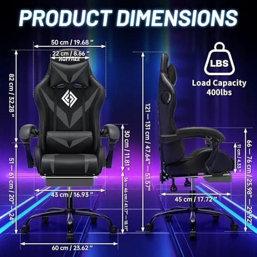 HOFFREE Gaming Chair Massage with Bluetooth Speakers and Led Lights Ergonomic Computer Gaming Chairs with Footrest RGB Video Game Chair with High Back Lumbar Support Grey and Black - Thumbnail 2