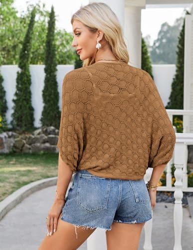 Womens Batwing Crochet Open Front Oversized Bolero Shrug Cardigan Coffee XL - Thumbnail 4