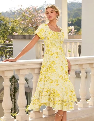 GRACE KARIN Womens Summer Floral Maxi Dress 2026 Flowy Wedding Guest Dress A Line Boho Dresses Fashion Clothing with Pockets Yellow Floral M - Thumbnail 3