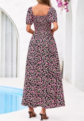 BTFBM Spring Summer Dresses for Women 2026 Puff Short Sleeve Smocked Floral Print Boho Beach Wedding Guest Maxi Dress(Floral Black Pink, X-Large) - Thumbnail 3