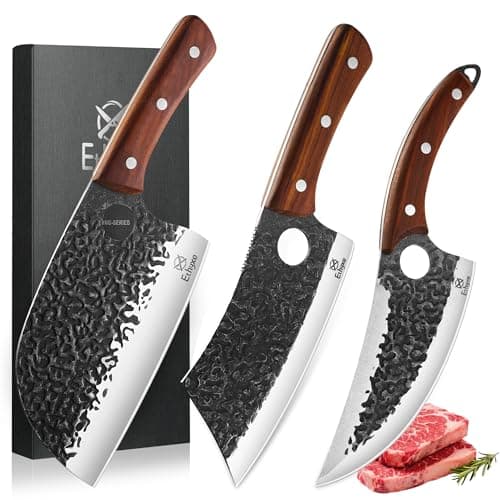Ethyxe Butcher Knife Set – 3PCS Hand Forged Kitchen Knife Set with Serbian Chef Knife, Viking Boning Knife & Meat Cleaver, High Carbon Steel for Meat Cutting, Outdoor BBQ, Camping, Gift for Men - Image 1