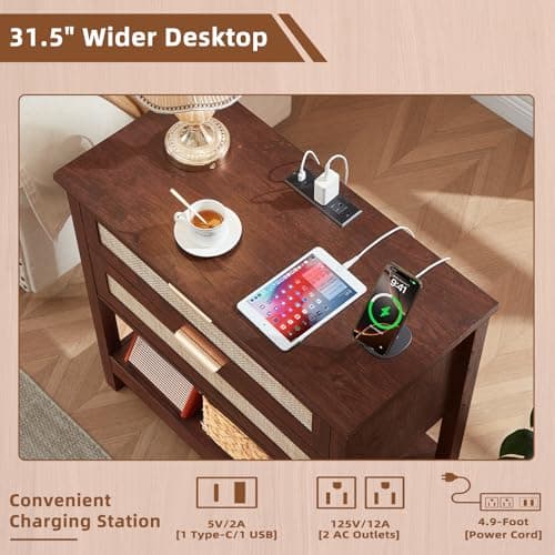 LEYAOYAO 31.5" Wide Rattan Night Stand with Charger Station, Oversized Large Walnut Nightstand with 2 Drawer, Boho Bed Side End Tables with Storage, Tall Bedside Table for Bedroom Living Room, Hallway - Thumbnail 5