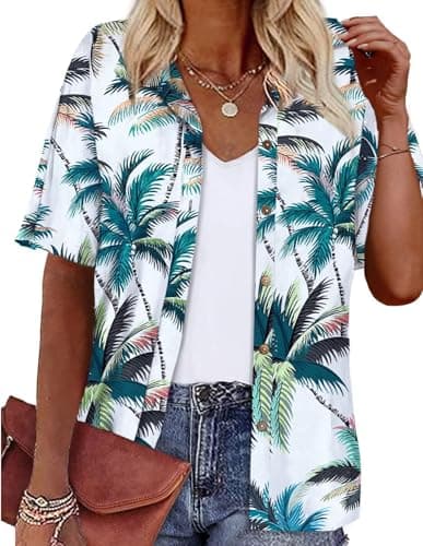 LILYCHIC Hawaiian Shirts for Women Summer Floral Tropical Print Short Sleeve Button Up Hawaii Luau Outfits White 2XL - Image 1