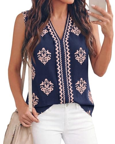 BTFBM Womens Tank Tops Floral Printed V Neck Sleeveless Spring 2026 Business Work Dressy Casual Shirts Chiffon Blouses(Navy Blue, Large) - Image 1