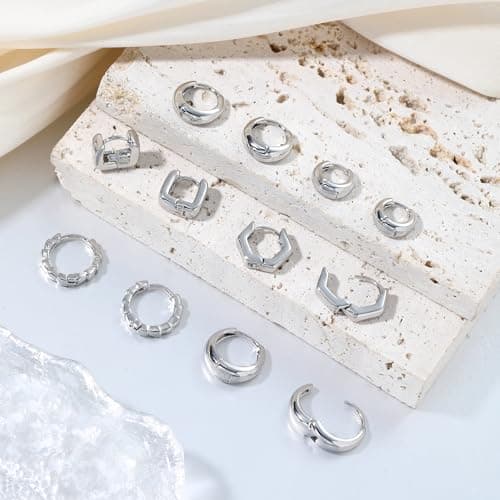 Wgoud Small Gold Hoop Earrings Set for Women, 6 Pairs 14K Gold Plated Hypoallergenic Lightweight Huggie Hoops Earrings, Trendy Cartilage Cubic Zirconia Earrings for Women Gifts. (03Silver) - Thumbnail 4