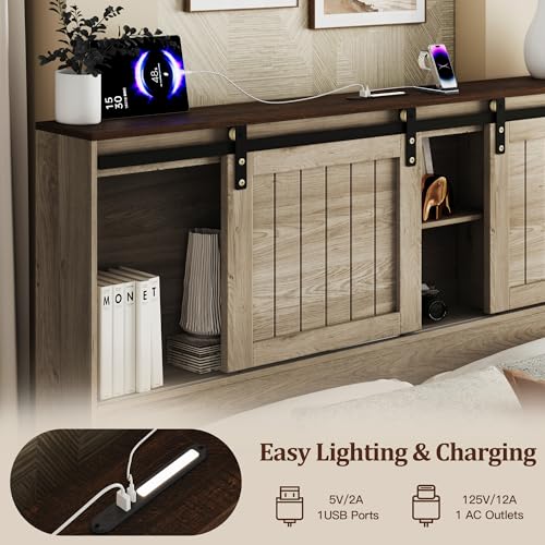 Uteeran Queen Size Bed Frame with Storage, Sliding Barn Door, Farmhouse Wood Platform Bed with Reading Light and Charging Station, Wood Slats Support, Easy Assembly, Noise-Free, Light Rustic Oak - Thumbnail 4