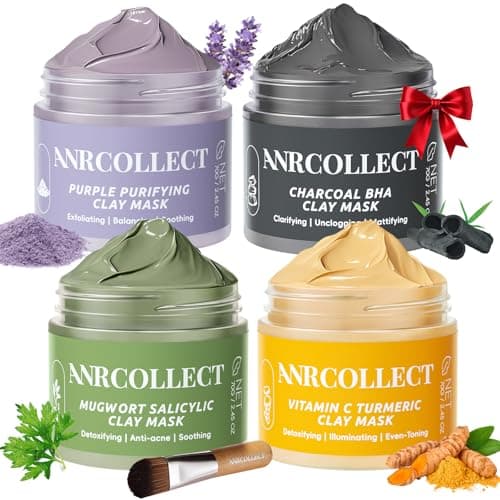ANRCOLLECT 4-Pack Clay Face Mask Set (280g Total) - Vitamin C Turmeric, Charcoal BHA, Mugwort Salicylic & Purple Clay Masks for Deep Pore Cleansing, Oil Control & Blackhead Removal - Skincare Gift Set - Image 1