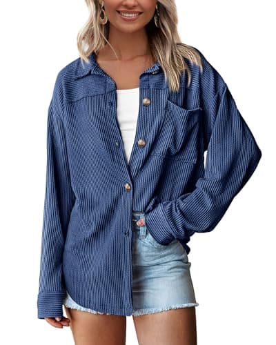 PRETTYGARDEN Women's Button Down Shirts 2026 Spring Long Sleeve Textured Tops Oversized Shacket Jacket Knit Blouses(Blue,Medium) - Image 1