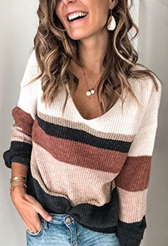 Angashion Women's Sweaters Casual Long Sleeve Crewneck Color Block Patchwork Pullover Knit Sweater Tops 2077 Wine Red M - Thumbnail 3