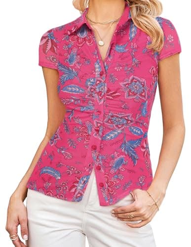 GRACE KARIN Women Mesh Boho Top Dressy Casual Short Sleeve Button Down Collared Shirt 2026 Floral Blouse Rose Red Large - Image 1