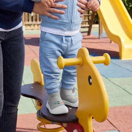 STQ KIDS Baby Boy Slippers Non Slip Babies Sock Shoes for First Walking with Soft Sole Wide Toe Box Toddler Boys Barefoot Sneakers for Prewalker Indoor Outdoor Grey Rocket Infant Size 4 (9-12 Months) - Thumbnail 3