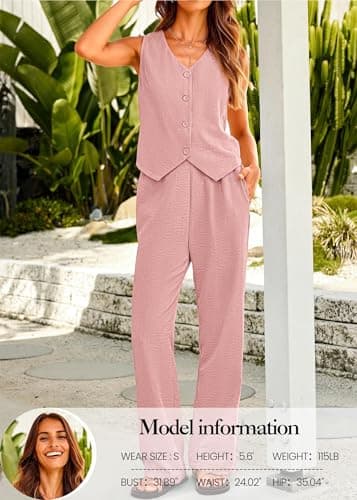 KIRUNDO Womens Suits 2 Piece Set Summer Linen Crop Blazer Vest and Pants Sets Dressy Casual Matching Clothes Going Out Outfits (Pink, Large) - Thumbnail 3