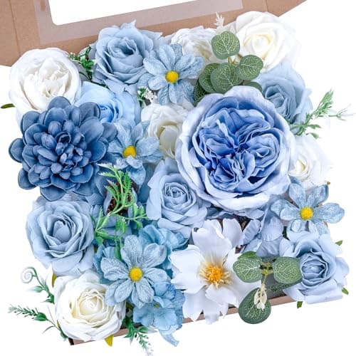 BSMYBO Dusty Blue Artificial Flowers Combo, Baby Blue Wedding Flowers Fake Floral Bulk Bouquets, Light Blue Flowers, Silk Rose Flowers for Wedding Bridal Shower Table Centerpieces & Home Party Decor - Image 1
