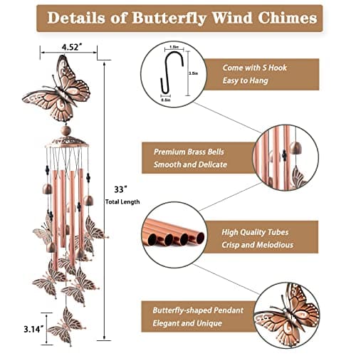 Wind Chimes for Outside, 33" Butterfly Wind Chimes Outdoor, Birthday Gifts for Women Mom Sister, Gift for Garden Porch Patio Home Decor (Golden) - Thumbnail 5