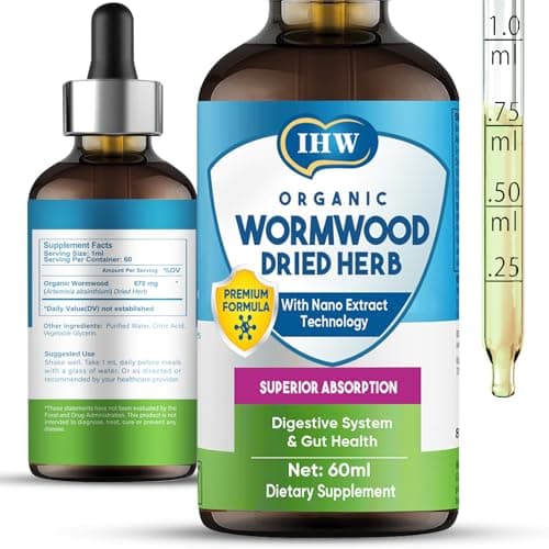 Wormwood Tincture, Organic Wormwood Drops with Black Walnut for Detox, Natural Intestinal Cleanse and Digestive Cleanse Supplement, Alcohol-Free, 60 Ml