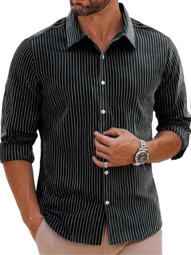 BAYAMO Men's Button-Down Striped Shirts Casual Long Sleeve Cotton Linen Collared Shirts Fashion Business Dress Shirt Black M - Image 1