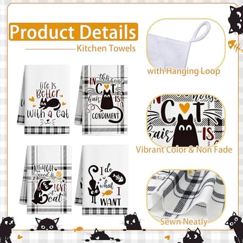Vetoxka 8 PCS Black Cat Decor Kitchen Decor and Accessories - 4 Dish Towels Set 2 Oven Mitts and Pot Holders Sets for Cat Lover Cooking Baking Cute Kitty Kitten Plaid Lightweight Housewarming Gifts - Thumbnail 5