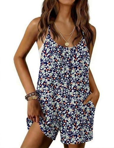 Ekouaer Sleeveless Jumpsuits Women Summer Casual Spaghetti Strap Shorts Overalls Romper Beach Outfits With Pockets Dark Blue Floral Medium - Image 1