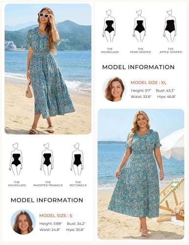 GRACE KARIN Casual Summer Dress for Women 2026 V-Neck Short Sleeve Ruffle Maxi Dress Blue Green Floral XXL - Thumbnail 6