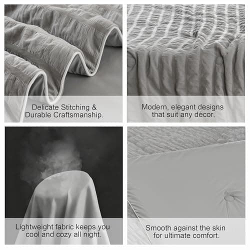 Cooling Comforter – Oeko-TEX Certified Seersucker Summer Blanket for Hot Sleepers & Night Sweats, Lightweight Cloud-Soft Reversible Quilt for Dorms, Silver Gray, Twin XL - Thumbnail 5