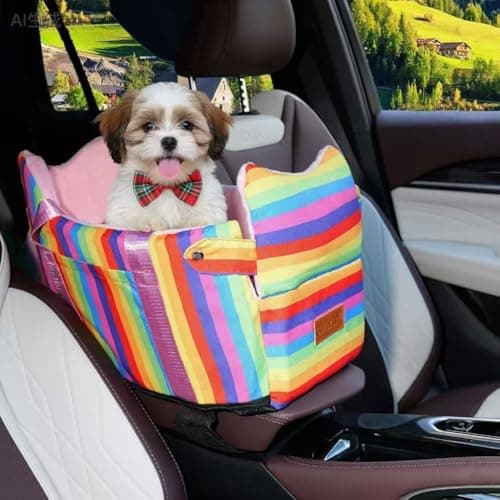 Cullaby Console Dog Car Seat for Small Dogs - Anti-Collapse Center Console Armrest Booster Seat, Sturdy Pet Travel Seat with Safety Tether, Cozy Washable Cushion, Puppy Up to 15lbs (Colorful Stripes) - Image 1