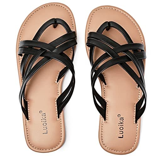 Luoika Women's Wide Width Flat Sandals, Flip Flop Slides Sandal Casual Strapy Sandal Slip on Summer Beach Shoes for Women.Black,190102,11.5XW - Image 1