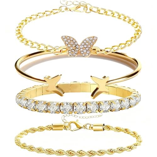 Alegend Bracelets Sets 14K Gold Crystal Encrusted, Butterfly Charm, Twisted Rope Dreamy Gift - Image 1