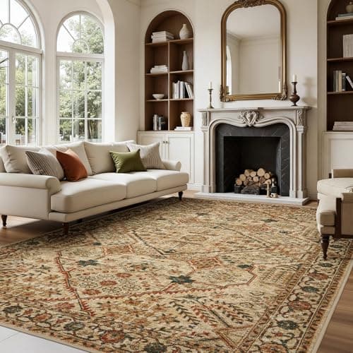 Joydeco 3x5 Area Rugs for Living Room, Non Slip Machine Washable Vintage Rug, Low Pile Chenille Print Rugs for Bedroom, Dining Room, Home Office, Pet & Child Friendly, Tan - Image 1