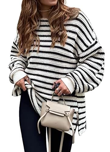 KIRUNDO Women's 2026 Fall Winter Oversized Long Sleeve Striped Sweater Casual Crewneck Side Split Pullover Knit Tops(Beige White, Medium) - Image 1