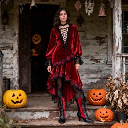 Erocalli Women's Vintage Victorian Boots Winter Mid Calf Lace up Witch Boot - Red, Pointed Toe, Kitten Heel, Halloween, Medieval Costumes, Combat Boots - Thumbnail 3