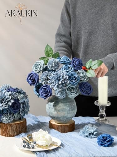 Dusty Blue Artificial Flowers Combo, Fake Silk Dahlia, Roses, Chrysanthemum Balls with Stems for Wedding Bridal Bouquets, Baby Shower, Party, Table Centerpieces, Home Decor & DIY Floral Arrangements - Thumbnail 3