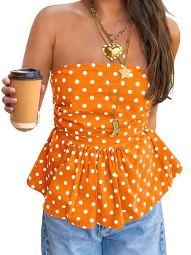 Tankaneo Womens Strapless Polka Dot Tube Tops Cute Backless Peplumn Ruffle Hem Bandeau Top Slim Fit Y2k Tank Tops Orange - Image 1