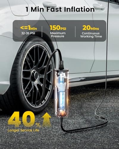 Tire Inflator Portable Air Compressor, 1 Min Fast Inflation Bike Pump with Digital Pressure Gauge LED Light, 150 PSI 12V DC Air Pump for Car Tires, Bicycle, Motorcycle, Ball - Thumbnail 2