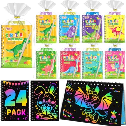 FEREDO KIDS Scratch Art Party Favors for Kids 8-12: 24 Pack Dinosaur Rainbow Scratch Art Notebook, Easter Basket Stuffers, Easter Coloring Books for Kids Ages 4-8, Students Classroom Gifts Bulk - Image 1