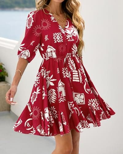 BTFBM Women Summer Spring Floral Boho Dress 2026 V Neck Short Sleeve Ruffle Beach Vacation Clothes Wedding Guest Dresses(Floral Burgundy White, Medium) - Thumbnail 2